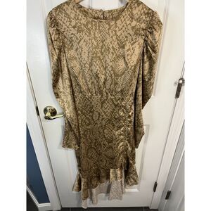 Forever 21 Snake Print Puff Sleeve Ruffle Satin Midi Dress Size Medium - NWT